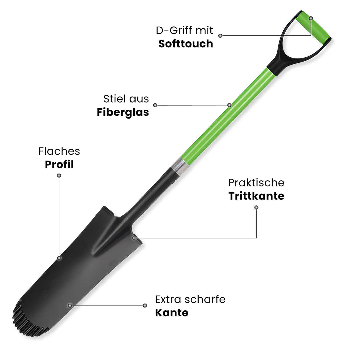 Drainage spade with fiberglass handle
